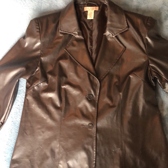 Faux Leather dark brown blazer jacket double button Women petite medium western - Picture 4 of 8